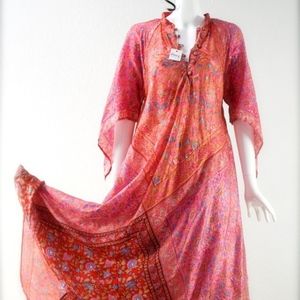 1970's India Hand Blocked Long Caftan Maxi Dress